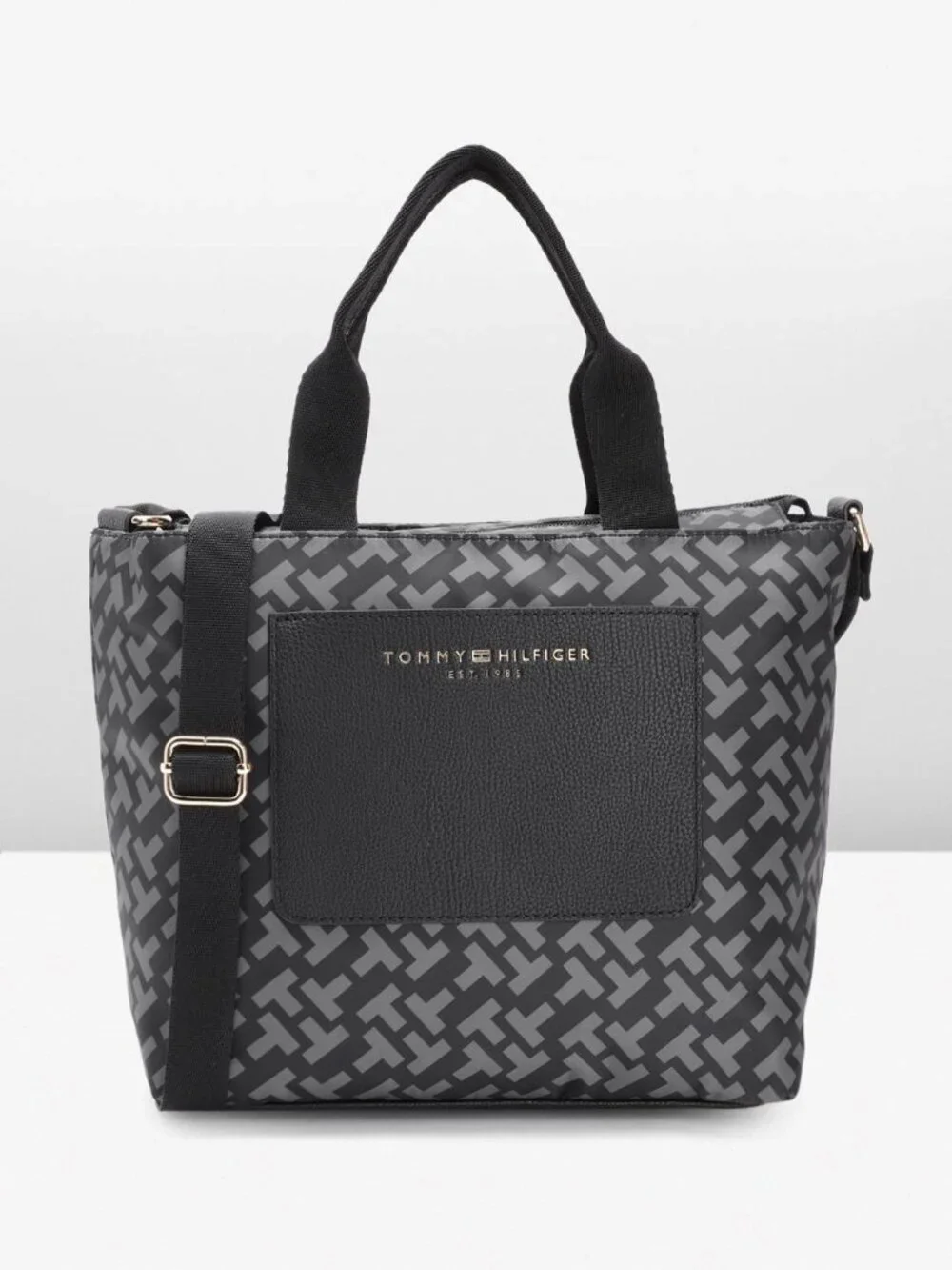 Tommy Hilfiger logo print structured bag nylon body, pocketed, gold tone detail